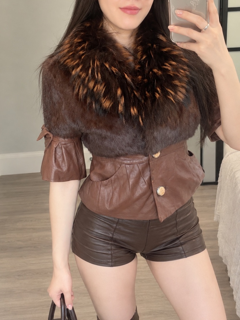 Vintage Brown Fox Fur Rabbit Fur Sheepskin Leather Cropped Jacket XS S